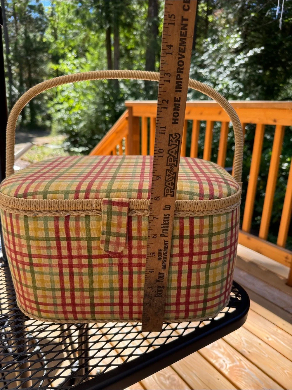 Vintage Plaid fabric Sewing Basket with Handle